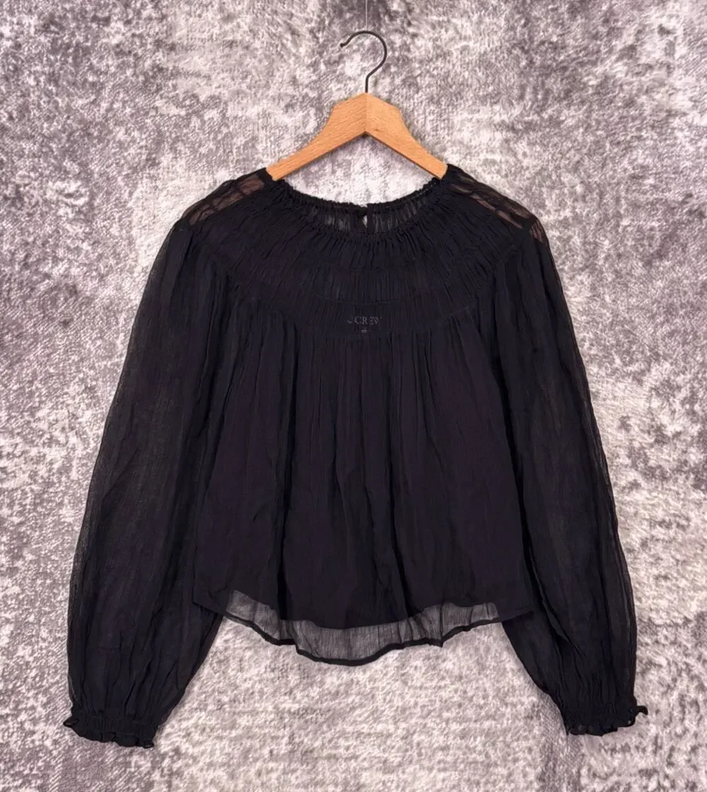 New J Crew Blouse Small Womens Drapey Shirred Top Crinkle Cupro Sheer Black
